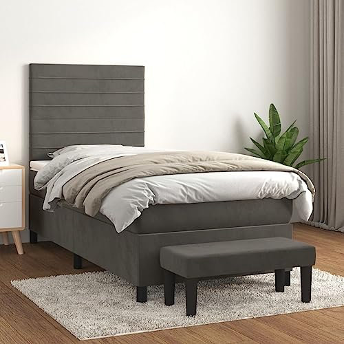 Homgoday Boxspringbett mit Matratze Polsterbett Doppelbett Einzelbett Bett mit Lattenrost & Bettbank Gästebett Bettgestell mit Kopfteil Horizontale Streifen Dunkelgrau 90x200 cm Samt
