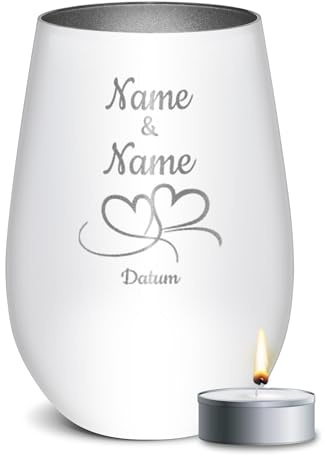 PR Print Royal Weißes Windlicht mit Gravur - Herzen - mit Namen & Datum - Hochzeitsgeschenk, Geschenke zum Jahrestag, Valentinstag, Geburtstag | inkl. Teelicht, 450 ml, Innen Silber