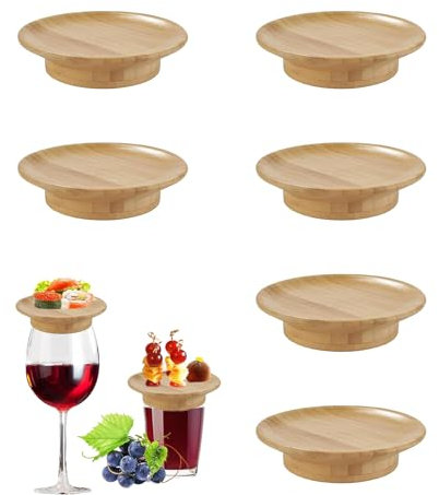 Gfamous 6 Piezas Tapa de Copa de Vino,Tapa de Copa de Vino de Madera,Plato de Charcutería de Madera,Bamboo Wine Glass Topper Coasters,para Aperitivos, Postres, Hogar, Restaurantes