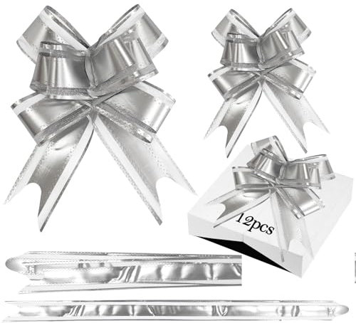 PAPU 12 Stück Geschenk Schleife mit Geschenkband Glänzend Große & Mittlere Geschenkschleifen Geschenkband Ziehschleife für Geschenke Tüten Zuckertüten Dekorieren Verzieren Weihnachten(Silber)