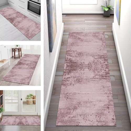 Teppich Läufer Lang Flur Küche Teppichläufer Rutschfest Waschbar Küchenläufer Teppichmatten Rosa Abstrakt Schmutzfangmatte 50X180CM Meterware Flurteppich Wohnzimmer Schlafzimmer Küchenteppich