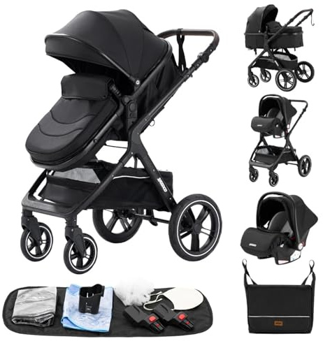 GLOKID Kinderwagen 3 in 1,Reisesysteme, Babywanne Buggy,Voll-Gummireifen,Mit Einem Klick Zusammenklappbarer, Rain cover Mosquito net, Mummy Bag