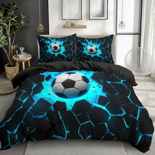 Quixora Set Housse de Couette 240 x 260 cm, Motif Un Mur De Football Cool Qui Brise, Parure de Linge de Lit pour 2 Personnes avec 2 Taies d'oreiller 65x65 cm, 100% Microfibre, Fermeture Éclair, Noir