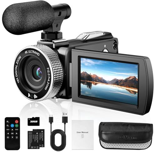 Vmotal Digitale Videokamera 4K, 48MP Foto/4K 60fps Videorecorder, Anfänger-Video-Camcorder für Vlogging, Youtube, mit 2 Batterien/externem Mikrofon/SD-Karte/Fernbedienung