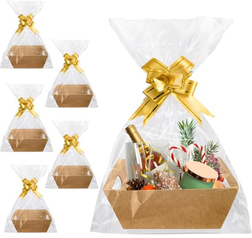 Lot de 6 paniers-cadeaux, vides, en carton, avec poignées, nœuds en arc et sacs cadeaux transparents, pour Noël, fête, célébration, couleur kraft