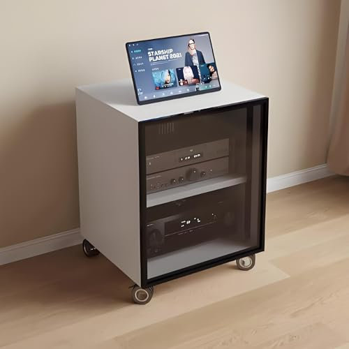 YQMHEZ Beweglicher 1/2/3-stufiger AV-Medienständer, Rack-Audioturm mit verstellbaren Regalen, mit Türen aus gehärtetem Glas, multifunktionaler Medien-Stereoständer, CD-Player for DJ/Theater(Wit,21.6