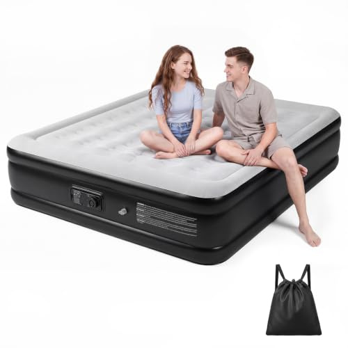 Panana Matelas Gonflable 2 Personnes avec Pompe Intégrée, Lit Gonflable Double 203x152x47cm, Matelas d’Appoint avec Surface Floquée et Sac de Rangement pour Maison Camping Invités