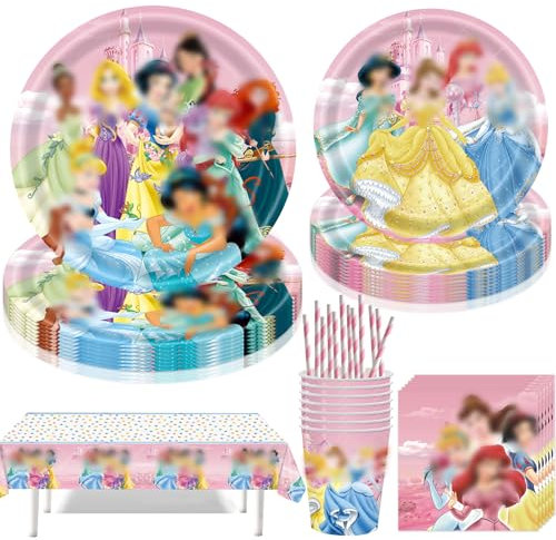 Jiahuade Princess - Set di 61 stoviglie per feste di compleanno per bambini, motivo principessa, con piatto di carta, tovaglioli, tovaglie, cannucce, per 10 ospiti