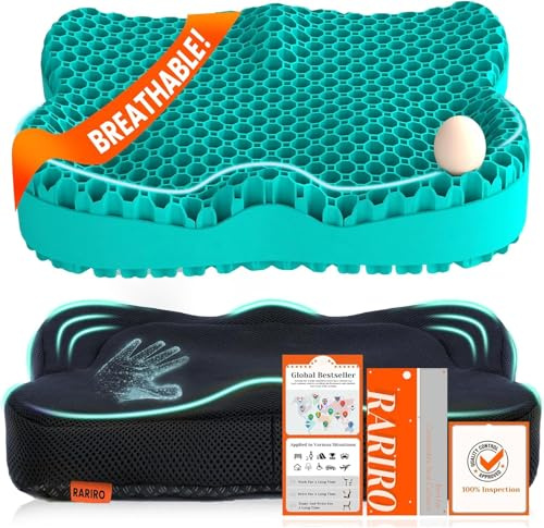 RARIRO Cojín de asiento de gel transpirable con forma de panal de abeja doble grueso para silla de oficina, cojín suave para sentarse durante mucho tiempo, cojín de presión para coxis, ciática