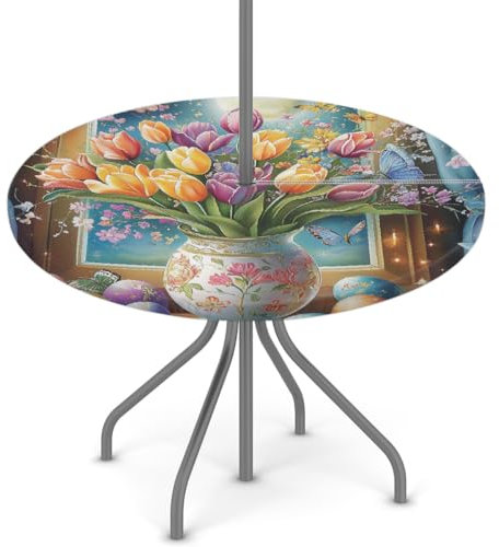 Woltant Tovaglia rotonda con foro per ombrellone e cerniera, facile da pulire, con bordi elastici, protezione per tavolo da giardino, patio, barbecue (tulipani, vaso, uova, luna)
