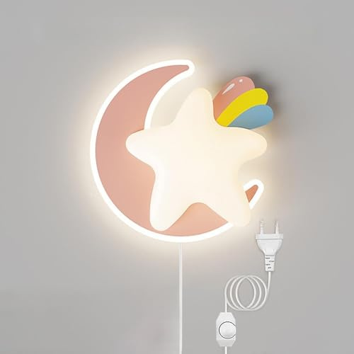 Kinder Wandleuchte mit Stecker Stern Mond Wandlampe mit Schalter LED Wandleuchte Dimmbar Kinderlampe Beleuchtung Nachtlicht Nachtlicht für Kinderzimmer Babyzimmer Schlafzimmer Wohnzimmer (Rosa)