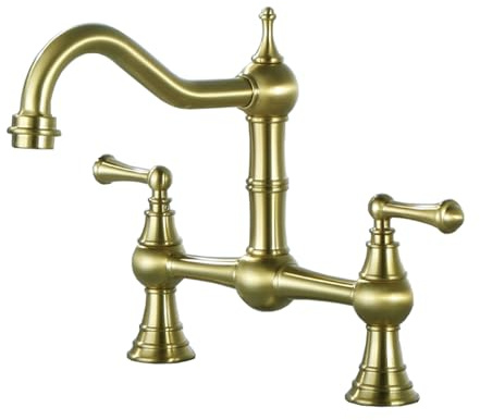 TYMYW Kitchen Tap Brass 360° Rotatable Bridge Kitchen Sink Mixer Taps 2 Hole Dual Lever Brushed Gold