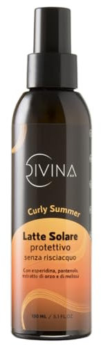 Latte Solare protettivo senza risciacquo per capelli mossi, ricci e super ricci Curly Summer di Divina BLK con esperidina, pantenolo, estratto di orzo e melissa (150ml)