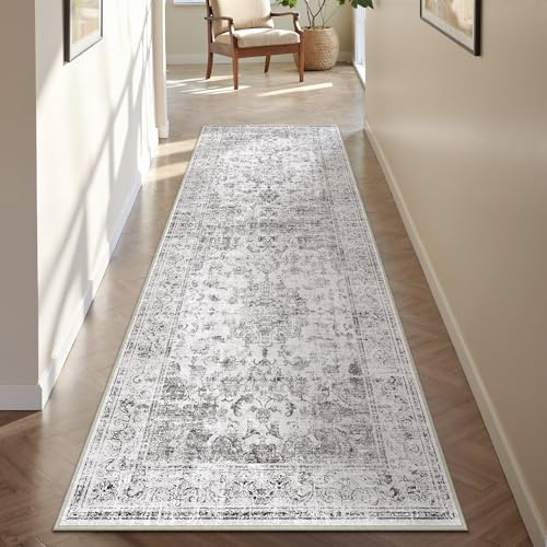 PureCozy Teppich Grau Läufer Flur 60x180cm Waschbar Vintage KüChenläUfer Schlafzimmer Wohnzimmer Teppiche Kurzflor Weich rutschfest Bettvorleger Teppichläufer Esszimmer Carpet