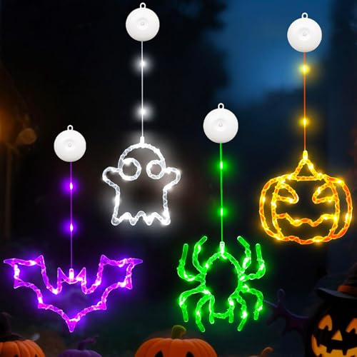 GZWY Halloween Deko Lichterkette, 4 Stück Halloween Kürbis Fledermaus Spinne Geist Lichterketten Batterie mit 6h Timer, 8 Lichtmodi, Fensterlichter mit Saugnapf für Fensterdeko (A)