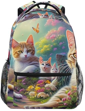 Kinder-Schulrucksack, leichter Reiserucksack für Jungen und Mädchen, Schulbedarf, 15 l, Katzen-Gartenblumen