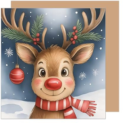 Edition Seidel Premium quadratische Grußkarte zu Weihnachten mit Umschlag. Glückwunschkarte Weihnachtskarte Karte englisch für Kind Familie Freunde Merry Christmas Xmas Rentier Rudolf (WQ114 SW025)