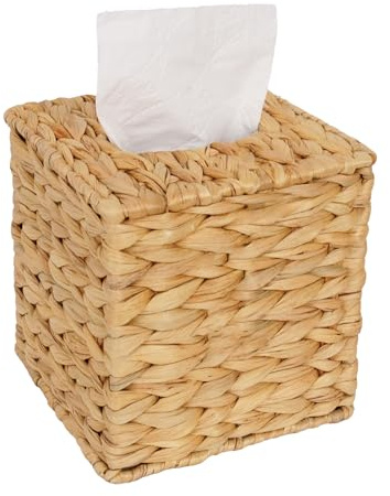 Fhuopoer Wicker Tissue Box Cover, Square Water Hyacinth Tissue Box Holder for Bathroom, Bedroom & Vanity, Handwoven Rattan Style Cube Napkin Holder & Organiser (5.9)
