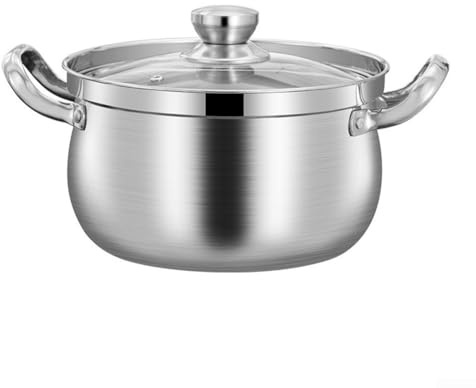 Olla de cocina de acero inoxidable de 24 cm con base de inducción y tapa de vidrio para preparación de sopas y verduras en superficies de inducción y calefacción de gas