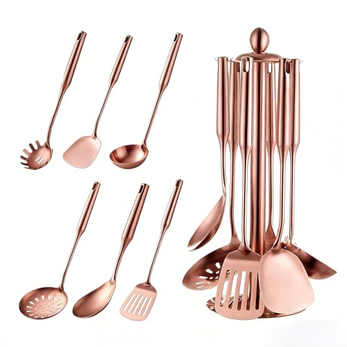 Buyer Star Kitchen Utensil Set-7 Pieces Stainless Steel Cooking Utensils with Utensil Holder, Non-Scratch & Heat Resistant Cookware Tool, Stainless Steel Kitchen Utensils(Rose Gold)
