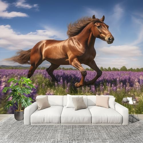 Mural de Interior Fotomurales 350x256 cm Lavanda Animales Caballos Tejido No Tejido Fotomurales Papel Pintado Naturaleza Pared Panorámico para Dormitorio Salón TV Pared Murales Póster