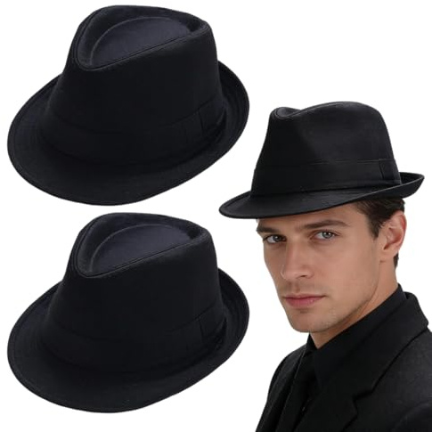 MOLZINY 2 Stück Eleganter Fedora-Trilby-Hut Unisex Klassischer Panama-Bowler-Hut Klassischer Gentleman-Stil Jazz-Kappe Gangster-Kappe, kurze Krempe, für Erwachsene, für Reisen, Strand, Party, Outdoor