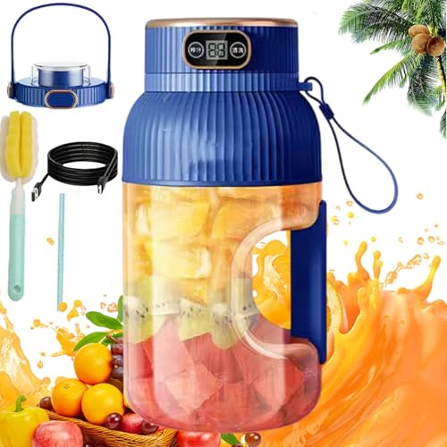 Multifunctional Portable Juicer Blender Bottle, USB Rechargeable Mini Juice Press Cup Portable for Smoothies and Shakes, 1200ML Travel Fruit Mixer with Smart Digital Display (A-Single Cup Double Lid)