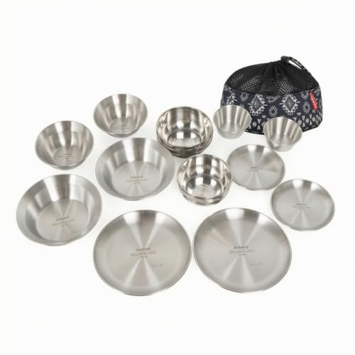TAIZhiChen 12 Pièces Service Table en INOX Inoxydable Vaisselle Réutilisable Incassable Assiettes et Bols pour Campeurs, Randonneurs, Barbecue