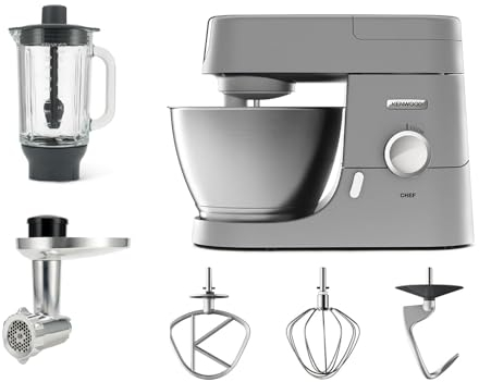 Kenwood KVC3170S Impastatrice Planetaria Chef, in dotazione 3 utensili di miscelazione, Frullatore in vetro da 1,5L e Tritacarne, Ciotola da 4.6 Litri in acciaio, Potenza 1000watt