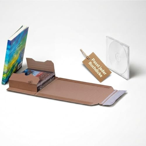 KK Verpackungen Buchversandverpackung CD 147x129x55mm | 25 Stück, Höhenvariable Wickelverpackung B-Welle | Selbstklebeverschluss & Aufreißfaden | Für Bücher, Medien & Drucksachen