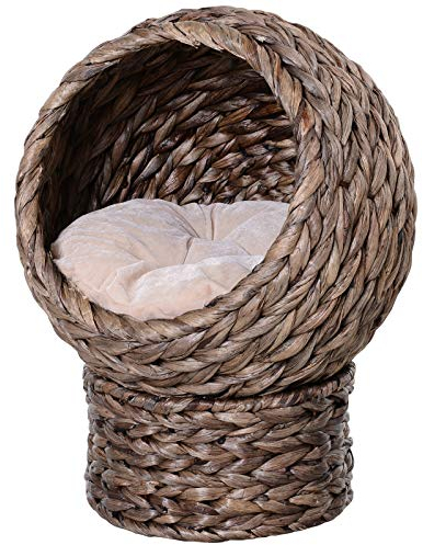 PawHut Rattan Katzenkorb Katzenhöhle Katzenhütte Katzenbett mit Kissen Haustierbett Wasserhyazinthe Kaffee 40 x 37 x 51 cm