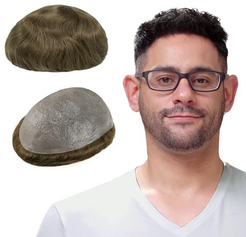 Lordhair Toupet Echthaar Männer,Perücke Männer,0,03 mm Dünne Leder Basis 20 * 25 CM Leichtes Haarersatzsystem Mittlerer Dichte,Toupet Natürlich eng anliegend, Elegant und Schön
