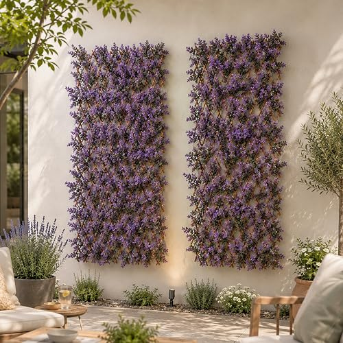 Garden Mile Artificial Violet Trellis Privacy Screen with Willow Frame | Set of 2, 180 x 60cm, Expandable, Faux flowers & leaves, Garden fence, Balcony & patio