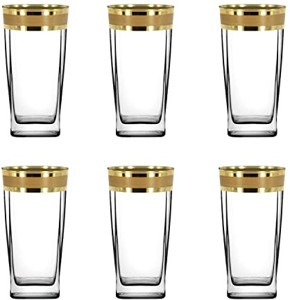 Roman Deluxe Highball Glasses Set of 6/ Drinking Glasses/Clear Coctail Glasses with Gold Wide Patterned Rim/Water Glasses/Juice Glasses/Tumblers/ 310ml/ Gift Set for Women and Men (Modern Pattern)