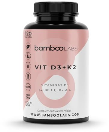 Bamboo Labs - Vitamina D3 y K2 + Vitamina C, 120 Cápsulas de Vitamina D3 4000 UI, Ayuda al Sistema Inmunológico y Favorece el Sistema Nervioso y Óseo