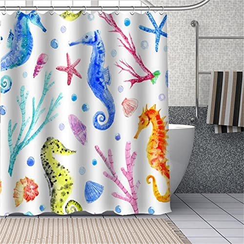 Duschvorhang 180x210cm, Seepferdchen Bunt Duschvorhänge Antischimmel Wasserdicht Gewichteter Polyester Stoff, Waschbar, Textil Badvorhang für Dusche und Badewanne Dekor 3D Shower Curtains mit Haken