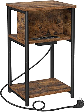 VASAGLE Beistelltisch, Nachttisch mit Steckdose, schmal, 2 AC-Anschlüsse, 2 USB-Anschlüsse, 30 x 34 x 58 cm, für Wohnzimmer, Schlafzimmer, vintagebraun-schwarz LET375B01