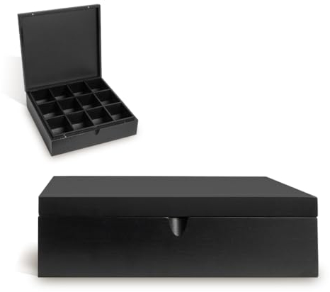 Thuisco Teebox | Tee-Aufbewahrungsbox, Aufbewahrungsbox aus Bambus für Tee, Teebeutel und andere Accessoires, 12 Fächer (Schwarz)