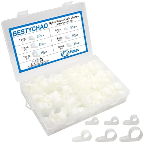 BESTYCHAO Cable Clips, 180PCS Nylon R-Type Cable Clamps Assortment-White | 6 Sizes Cord Fastern 6mm 8mm 9mm 13mm 16mm 19mm for Electric Wire Mounting, Cable Management