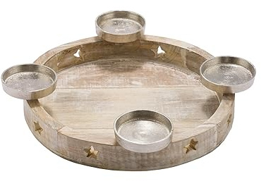 Holz Advents Kerzenhalter White Washed - 35 cm | Kerzenständer Aluminium Halter Weihnachten Winter Tisch Dekoration Adventskranz Adventsleuchter