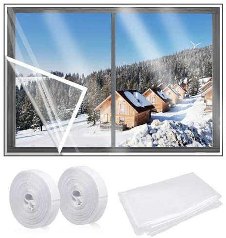 180 x 200 cm Kit d'Isolation de Fenêtre, avec Ruban Adhésif Transparent Film Isolant pour Fenêtre Épais Réutilisable l'Hiver, pour Garder la Maison au Chaud