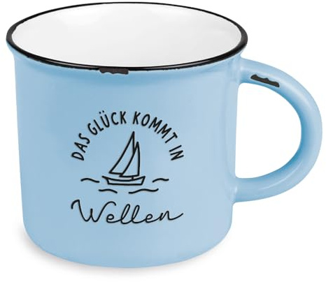 Kaffeetasse vintage| Keramik Becher zum verschenken | maritim | Glück kommt in Wellen, Blau