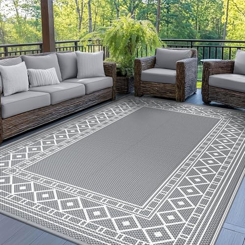 GENIMO Outdoor-Teppich, wasserdicht, Terrassendekoration, 1,8 x 2,9 m, wendbarer Kunststoff-Strohbereich, Camping, Außenmatte für Outdoor, Wohnmobil, Deck, Wohnmobil, Balkon, Picknick, Grau und Weiß