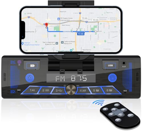 Single-Din Stereo with Car Phone Holder - Bluetooth Car Radio - Push to Talk Assistant Multi Color LCD AM FM Tuner AUX USB Built-in Mic Wireless Remote Control