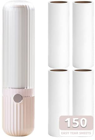 Sgdazo Compact Lint Roller with 150 Sheets - Portable Pet Hair Remover for Clothes, Furniture, and Travel Essentials Household Use, 1 Handle+5 Roller Refills (Pink)