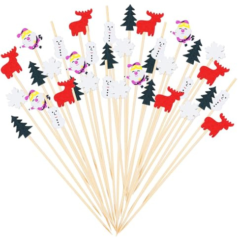 Lufdegim - Lot de 100 brochettes à cocktail de Noël - 4 styles - Bois Marron - 12 cm - Accessoires de décoration de fête de Noël