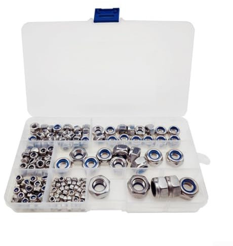 200-teiliges Edelstahl-Sechskantmutter-Sortiment, mit Nylon-Einsätzen, Sechskantmuttern, für Klappbetten, Kleiderschränke, Bergleute, Motoren, etc.