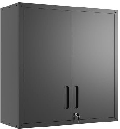 BIZOEIRON Werkzeugschrank Hängend, Metall Wandschrank mit 2 Türen, Hängeschrank für Garage, Werkstattschrank Wand, Montage Erforderlich, Schwarz & Grau