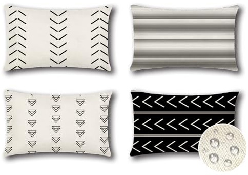 JOTOM 4er Set Outdoor Kissenbezüge, Dekorative wasserdichte Kissenbezug Geometrisch Kissenhüllen Sofakissen Dekokissen Zierkissenbezug für Garten Wohnzimmer Schlafzimmer Deko (30x50cm, Schwarz)