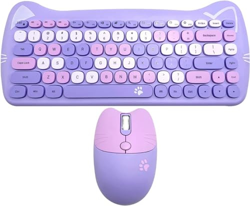 Wireless Keyboard and Mouse Combo, Cute Cat Keyboard and Mouse Set, 2.4G Cordless Computer Mice with USB Receiver for Laptop/PC/MAC (Taro Purple)